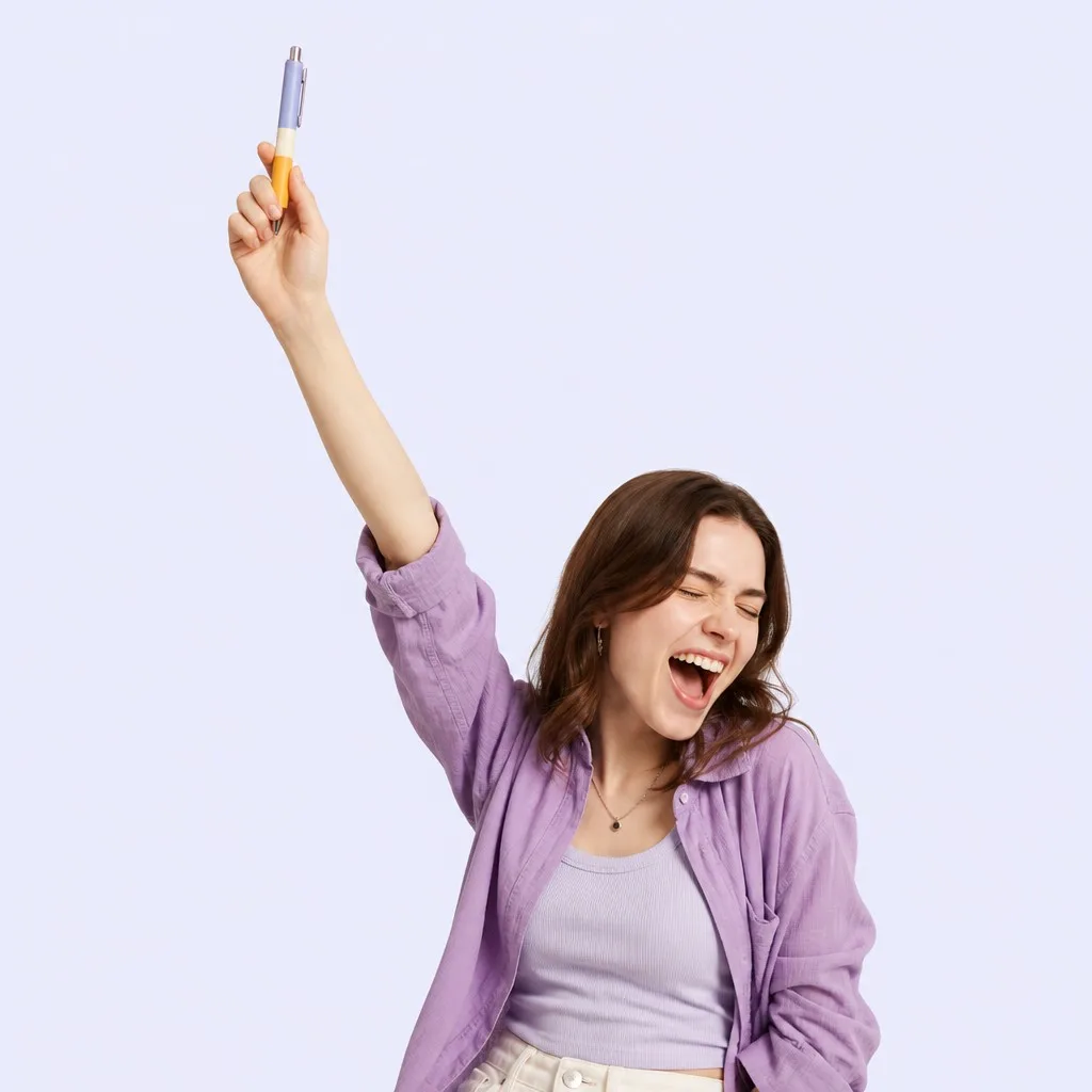 A young woman celebrating while holding a multi-colored pen