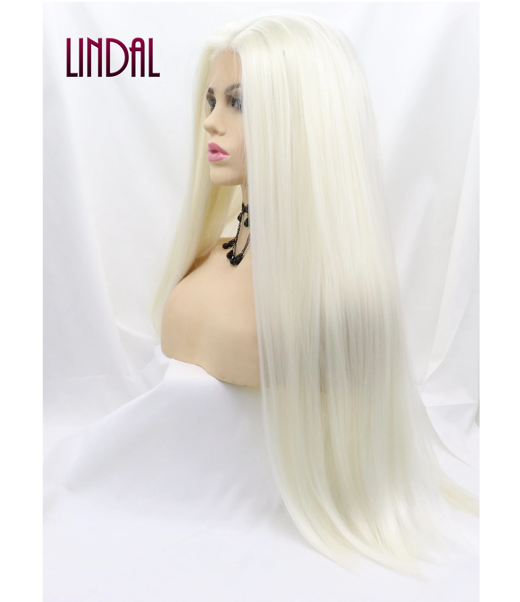 

LINDAL 1001# sleek straight synthetic hair wigs with blonde highlights 180% density lace front synthetic wig