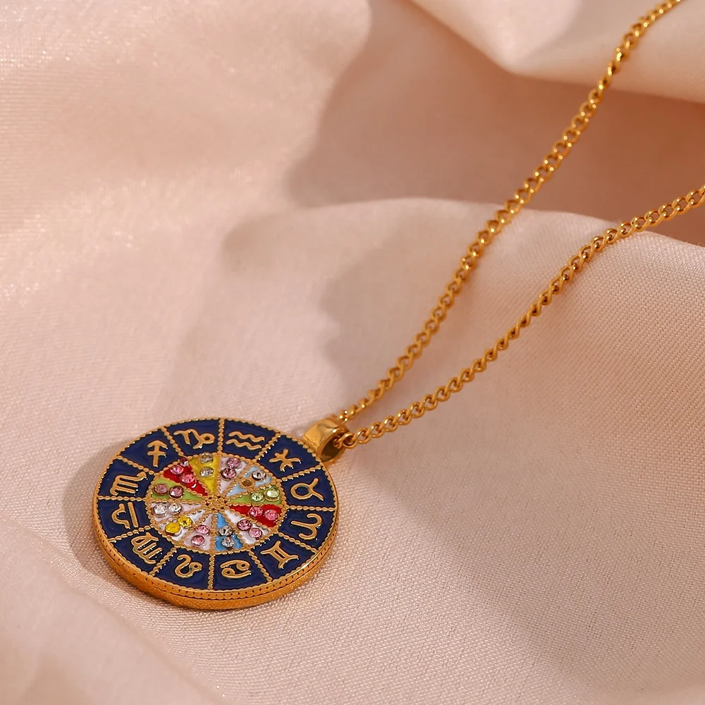 

Fashion Jewelry Necklace Enamel 12 Zodiac Necklace Gold Plated Stainless Steel Zircon Necklace