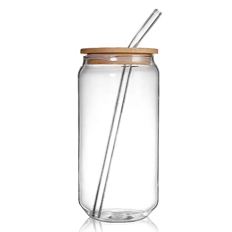 

Amazon hot sale High borosilicate glass Tumblers glass mug Tumbler coffee cup beer can shape cups with glass straw bamboo straw