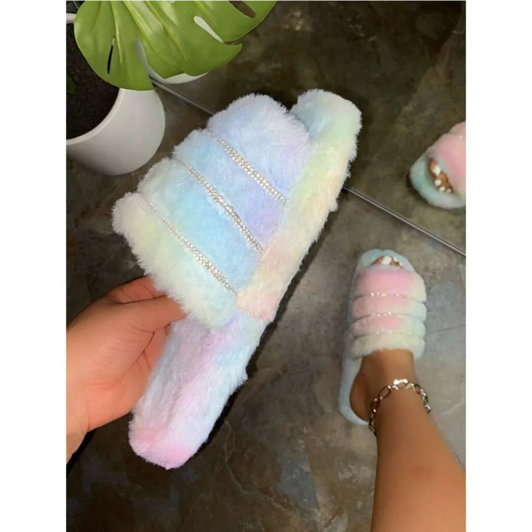 

Winter Women Soft Fur with Diamonds Sandals Multi Color Slippers Fur Open Toe Sandals, White/green/ rainbow/ pink