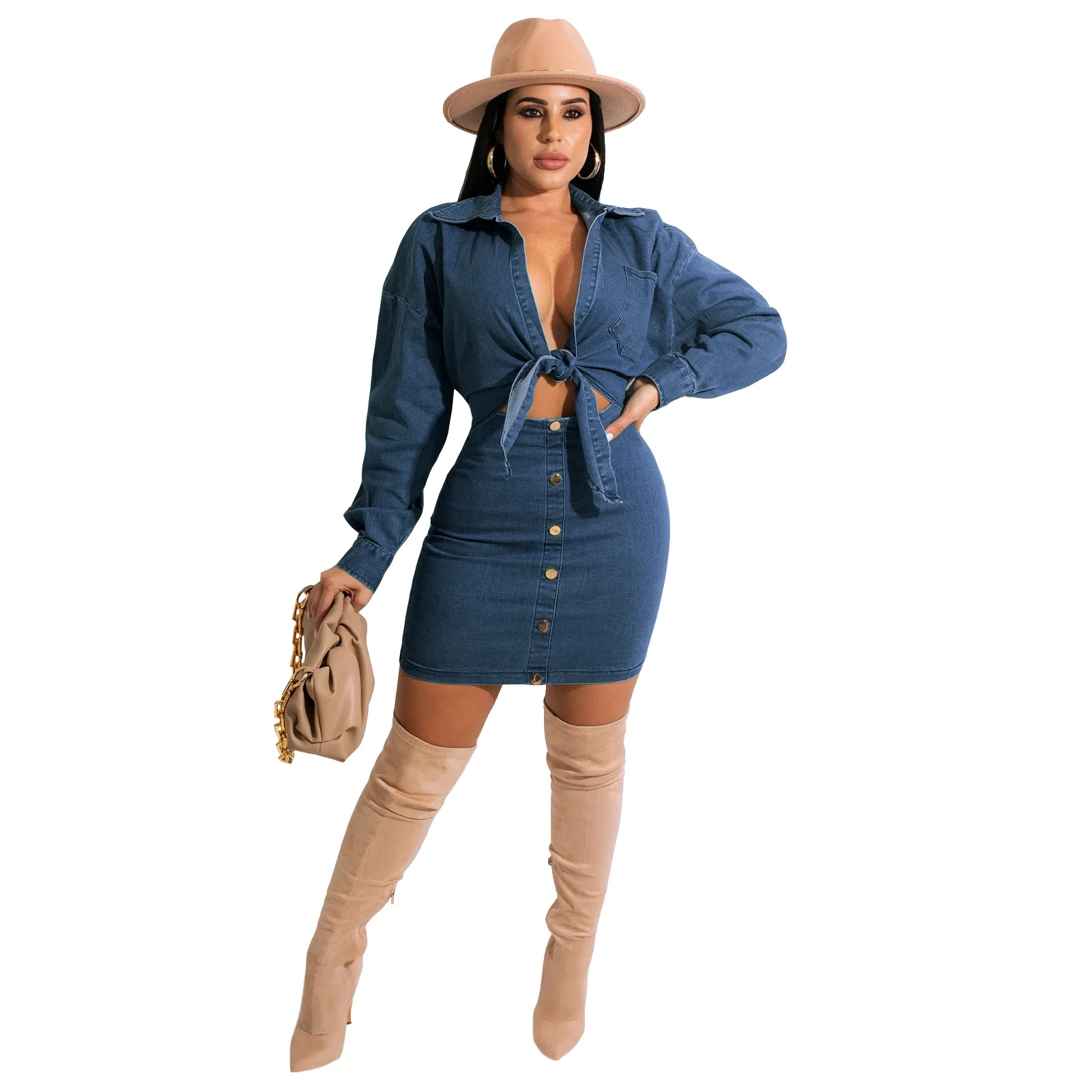 

Custom Fall Spring Denim Women's Set Long Sleeve Tie Up Blouses and Midi Mini Skirts Suit Tracksuit Two Piece Set Fitness Outfit