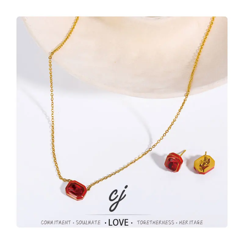 Carline Fashion Stainless Steel Emerald Pink Red Blue Zircon CZ Pendant 18k Gold Plated Necklace Earrings Jewelry Set for Women