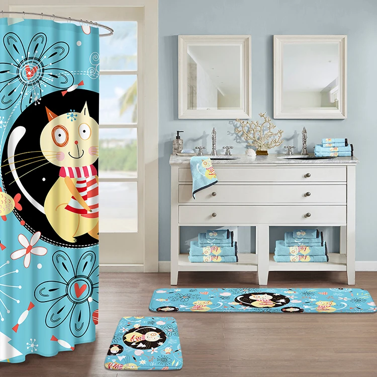 

Cartoon Lovely 3 Pcs Bathroom Rug Personaised Bath Mat Sets Sublimation With Shower Curtain