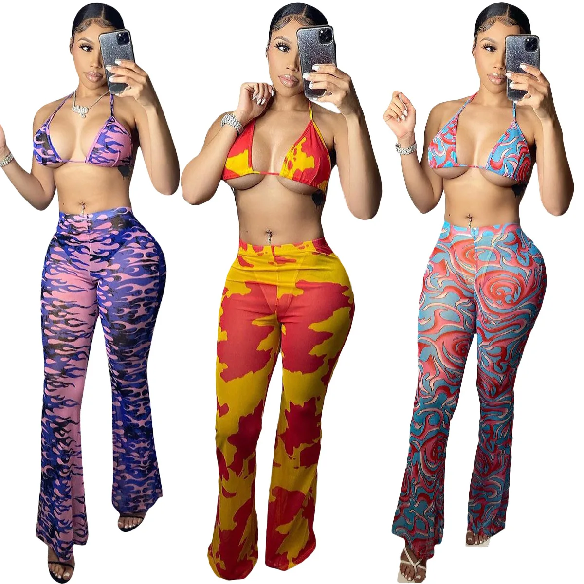 

F21719A in stock New New Sexy print Swimsuit with Mesh Three-piece Set women swim suit (Including Panties), 1# blue-red,2# yellow-red,3# purple
