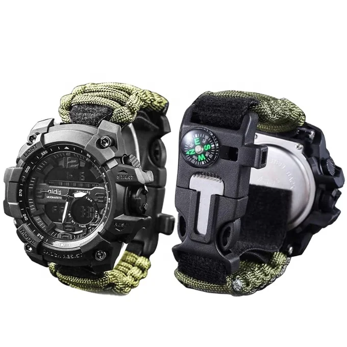 

Multifunctional outdoor military survival watch compass & Flint & Cordage & Scraper & Whistle, Black green