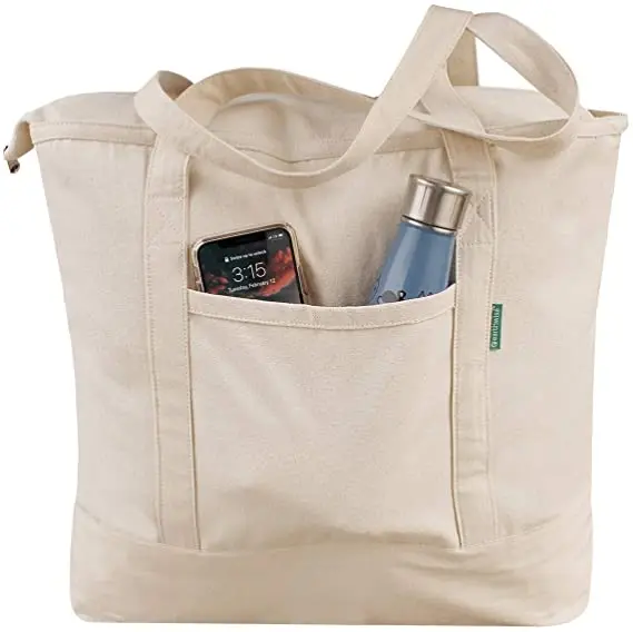 

OEM Custom Bag White Cotton Canvas Tote Bag Shoulder Bags With Outside Pockets, White/black/yellow/pink/blue