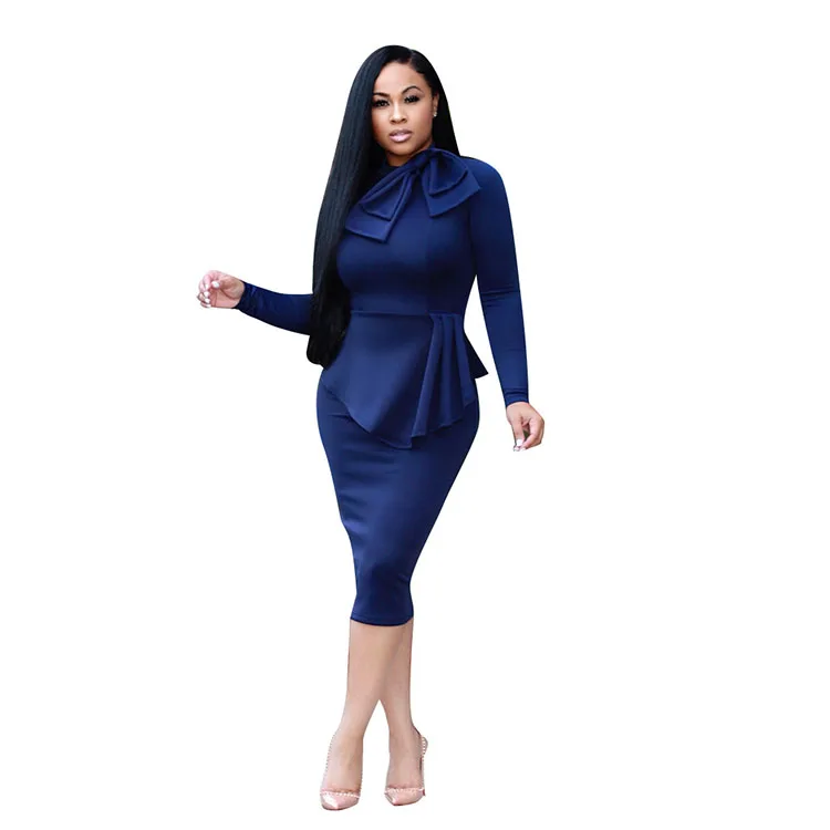 

Women Modest Solid Color Long Sleeve Peplum flouncing elegant office Work Dresses With Bow