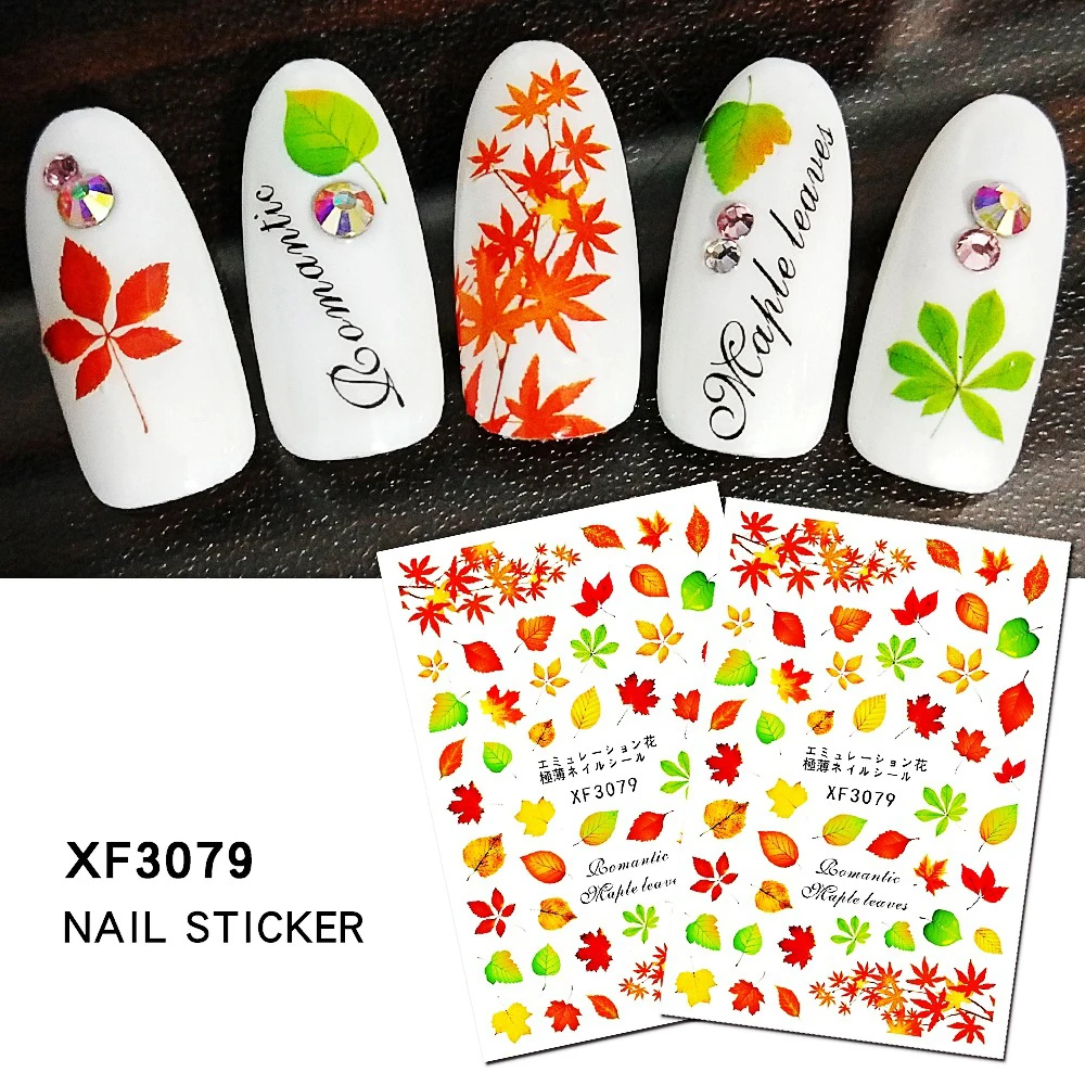 

12 Color 3D Autumn Fall Leaves Red Maple Leaf Nail Art Stickers Decals, Colorful