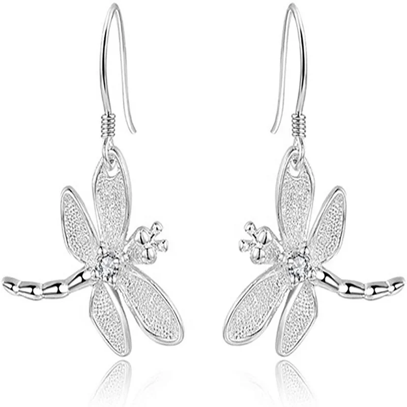 

Silver color creative lady women stone cute fashion Inlaid stone dragonfly earrings Dragonfly shape silver earrings