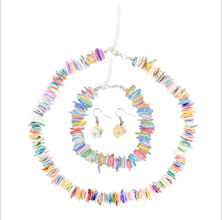 

Fashion Colors Irregular Gravel Chip Necklace For Women Bohemian Natural Shell Anklet bracelet Necklace Female Beach Jewelry Set, Color