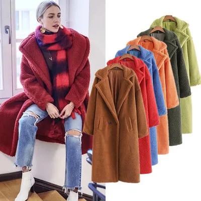 

13 Colors High Quality Warm Winter Women Faux Sheep Fur Wool Long Teddy Bear Coat promotion