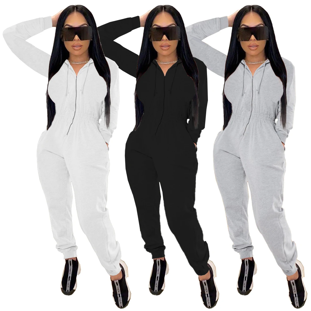 

Foma SM9111 New style soild color hoodie with zipper pocket sportswear fashion one piece jumpsuit, As picture shown