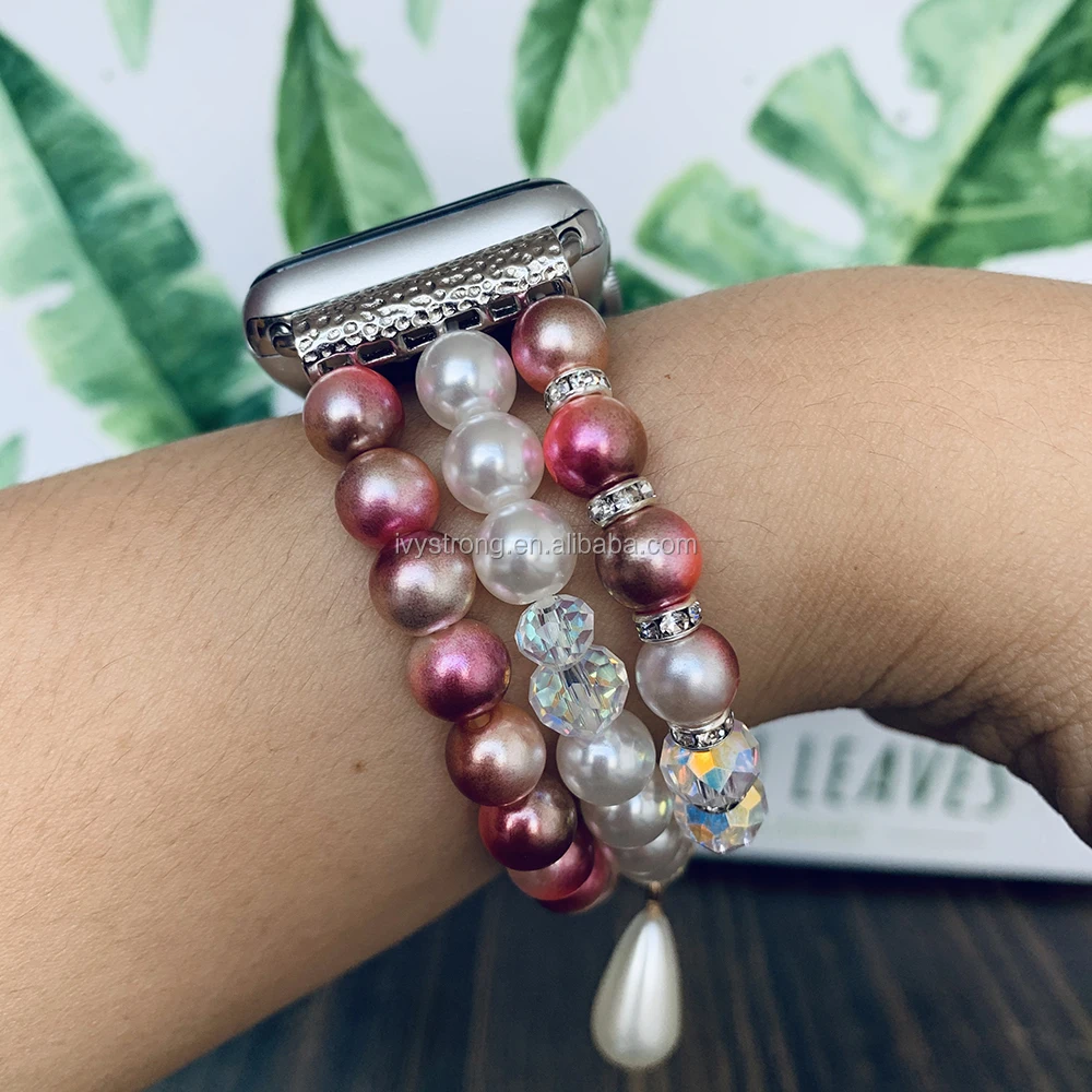 

Women Fashion Charm Band for Apple Watch Band ,Beads Elastic Luxury Crystal Pearl Replacement Strap for iWatch 38mm/40mm, 5colors