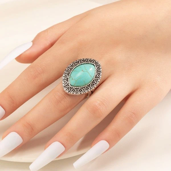 2023 New Bohemian Western Round Heart Pattern Adjustable Turquoise Ring For Woman Gift