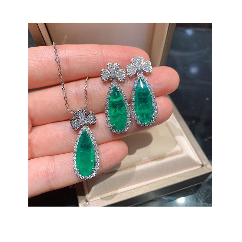 

2020 New European and American Paraiba Necklace Pendant Emerald Pear Shaped Banquet Jewelry Necklace Set Handmade Jewelry