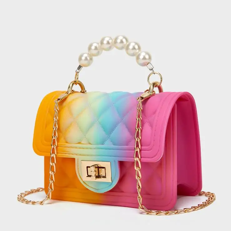 

2021 new beach pvc chain bag diamond rainbow shoulder bag mini pearl portable jelly handbag, 7 color