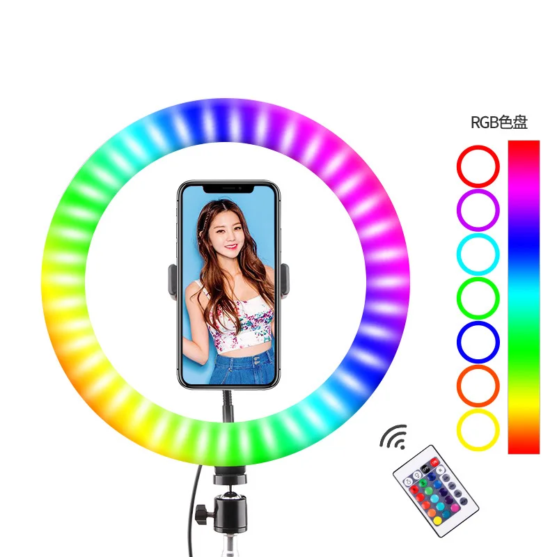 2020 New Arrival Dimmable 10 Inch Circle Photography Lighting 16 colour Led RGB Ring Light with Phone Tripod Stand
