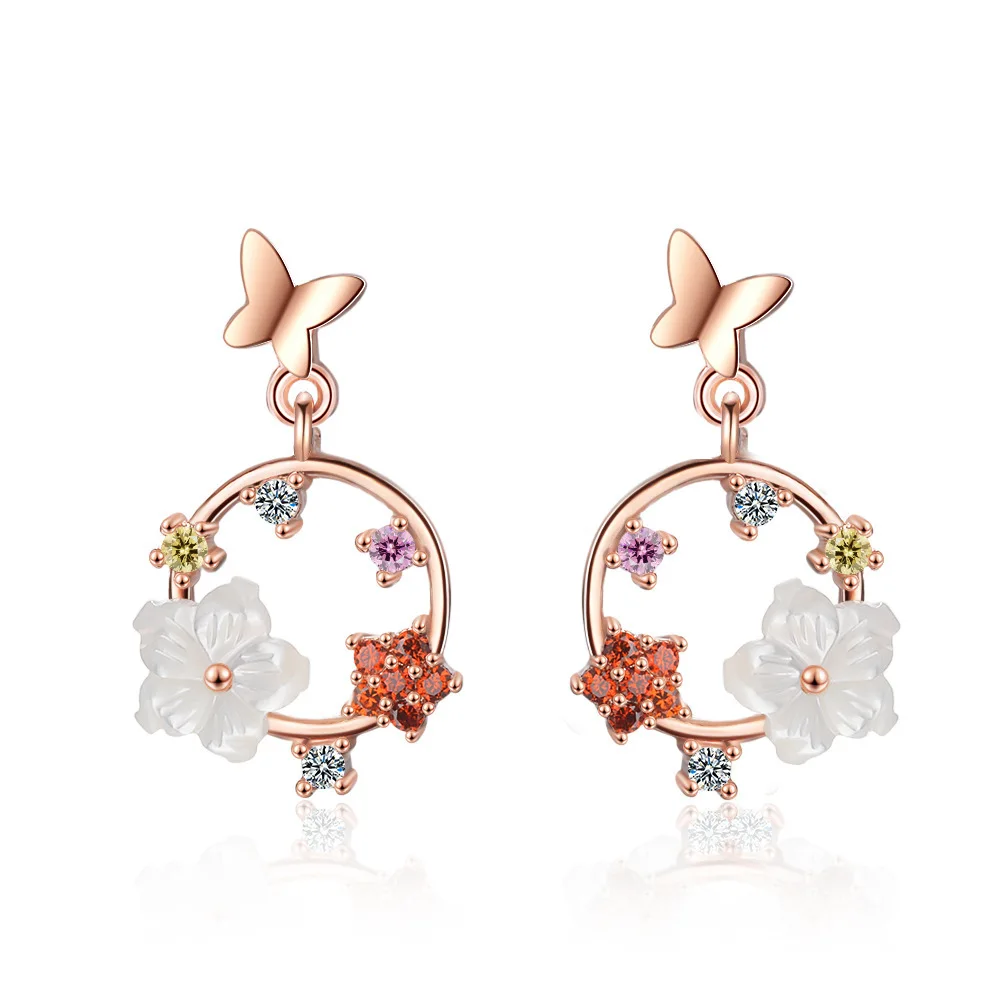 

New Design Trendy Jewelry Rose Gold Plated Colorful Diamond Flower Drop Earrings Crystal Circle Butterfly Pendant Earrings