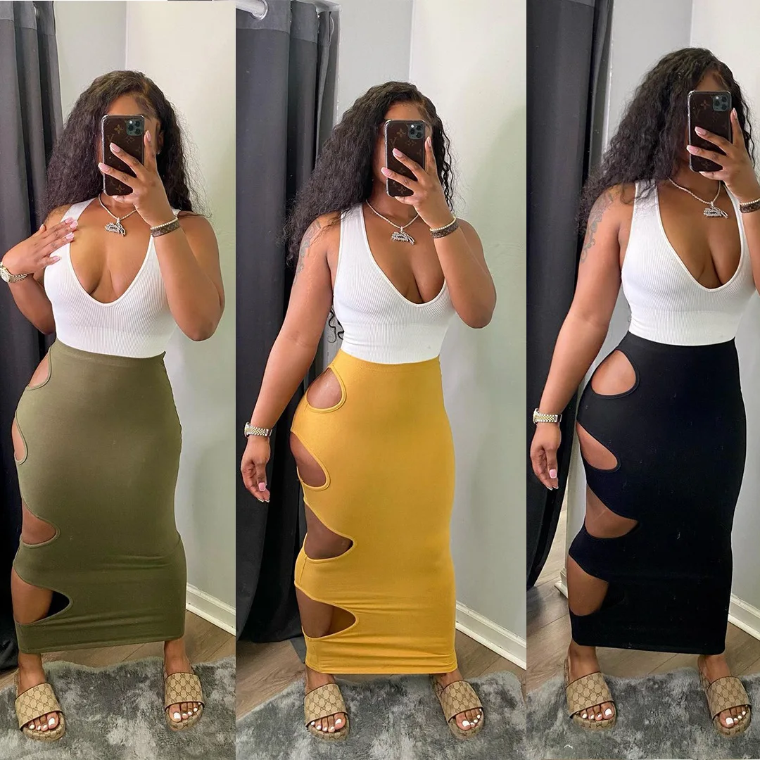 

2021 Deep V Neck Tops New Arrive Summer T-Shirt Long Skit Sets Women's Hollow Out Dress Outfits tights Two Piece Sets