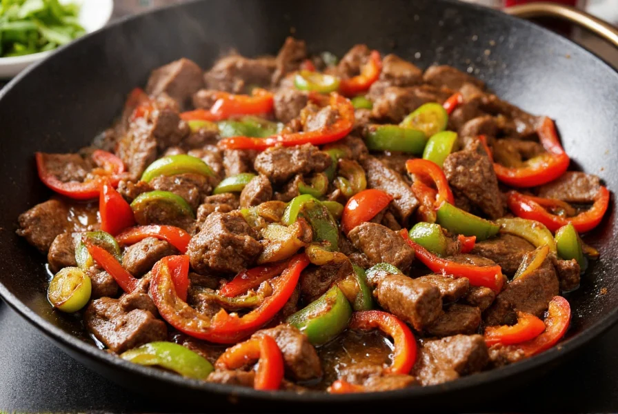 Perfect beef and pepper stir fry in wok with sizzling ingredients, vibrant bell peppers, tender sliced beef, glossy sauce coating ingredients