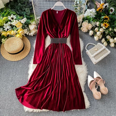New arrivals fashion women ladies long sleeve silk velvet casual maxi dresses