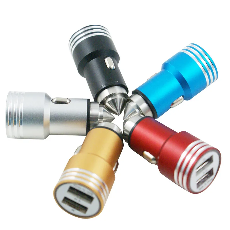 

Glass Breaker Safety Emergency Hammer Metal Steel Cone 2.4A Dual USB Car Charger, Gold,black,blue,red,silver