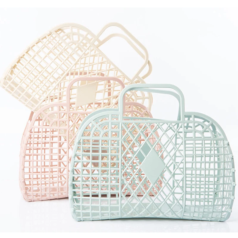 

Wholesale Fashion Hollow Out Designer Pe Foldable Summer jelly Beach Bucket Frame Shopping Tote Bag Supermarket Basket Handbags, 3 colors