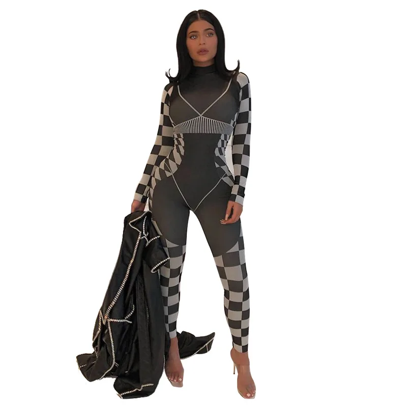 

Spring's new sexy women's print check long sleeve patchwork jumpsuit temperament commuting, As picture