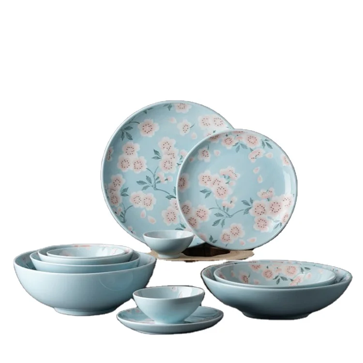

Japanese style porcelain tableware household plate dish cherry blossom blue rice ramen bowl western steak plate, Blue and pink