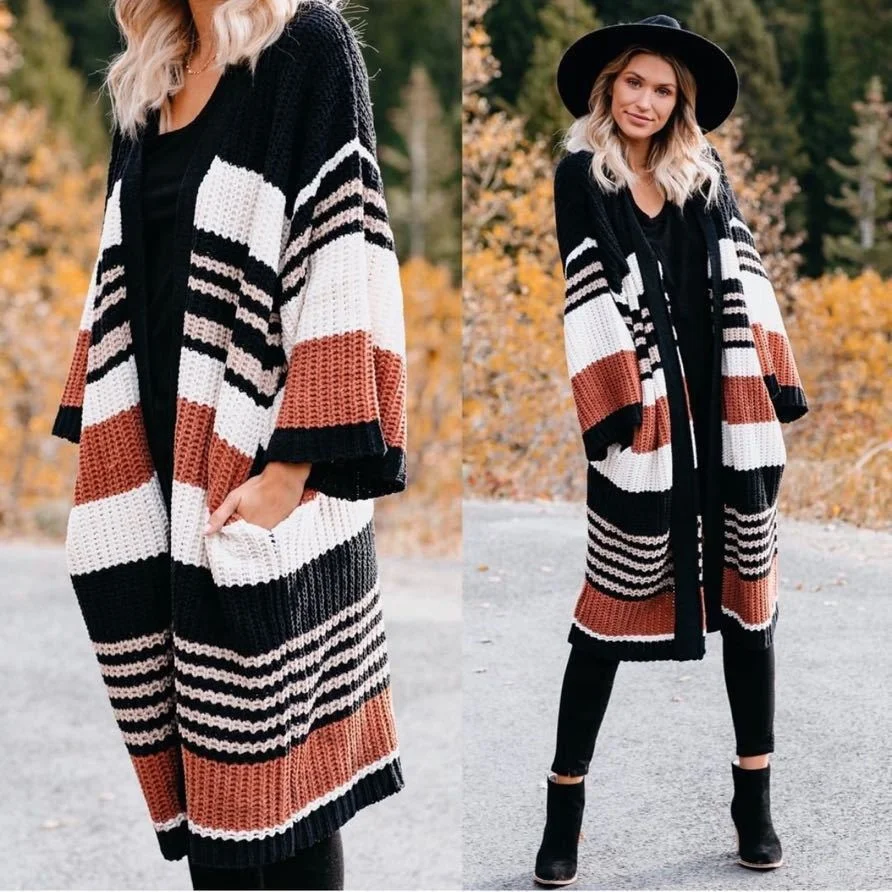 

Winter Loose Plus Size Cardigans Pockets Striped Long Cardigan Knitted Sweater Coat Women