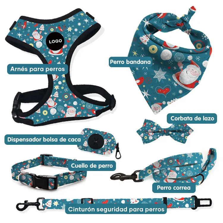 

Custom Pattern Logo Reflective Reversible Luxury Pet Dog Vest Collars Harness And Leash Pet Products Set With Bow Tie Bandana