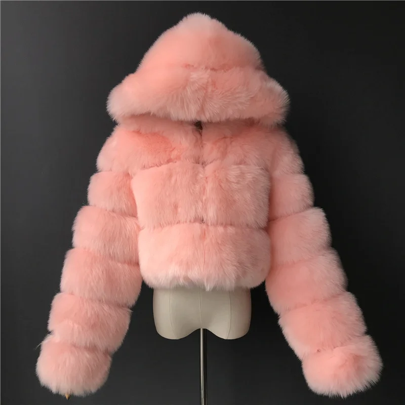 

Women Faux Fox Fur Coat with Hood New Winter Coat Jacket Fashion Short Style plus size Fake Fur Coat for Lady, White, pink, gray, black, blue, red, brown, green