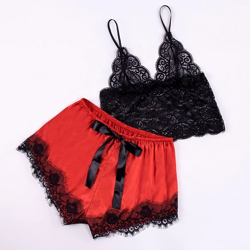 
Wholesale women nightwear sexy lingerie satin pajamas set with lace 
