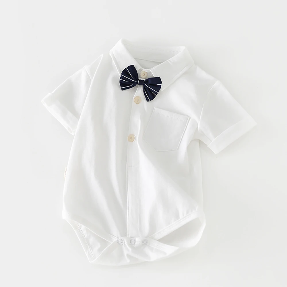 

Factory price England Style Turn-down Collar White Shirt baby boys rompers with bow-knot