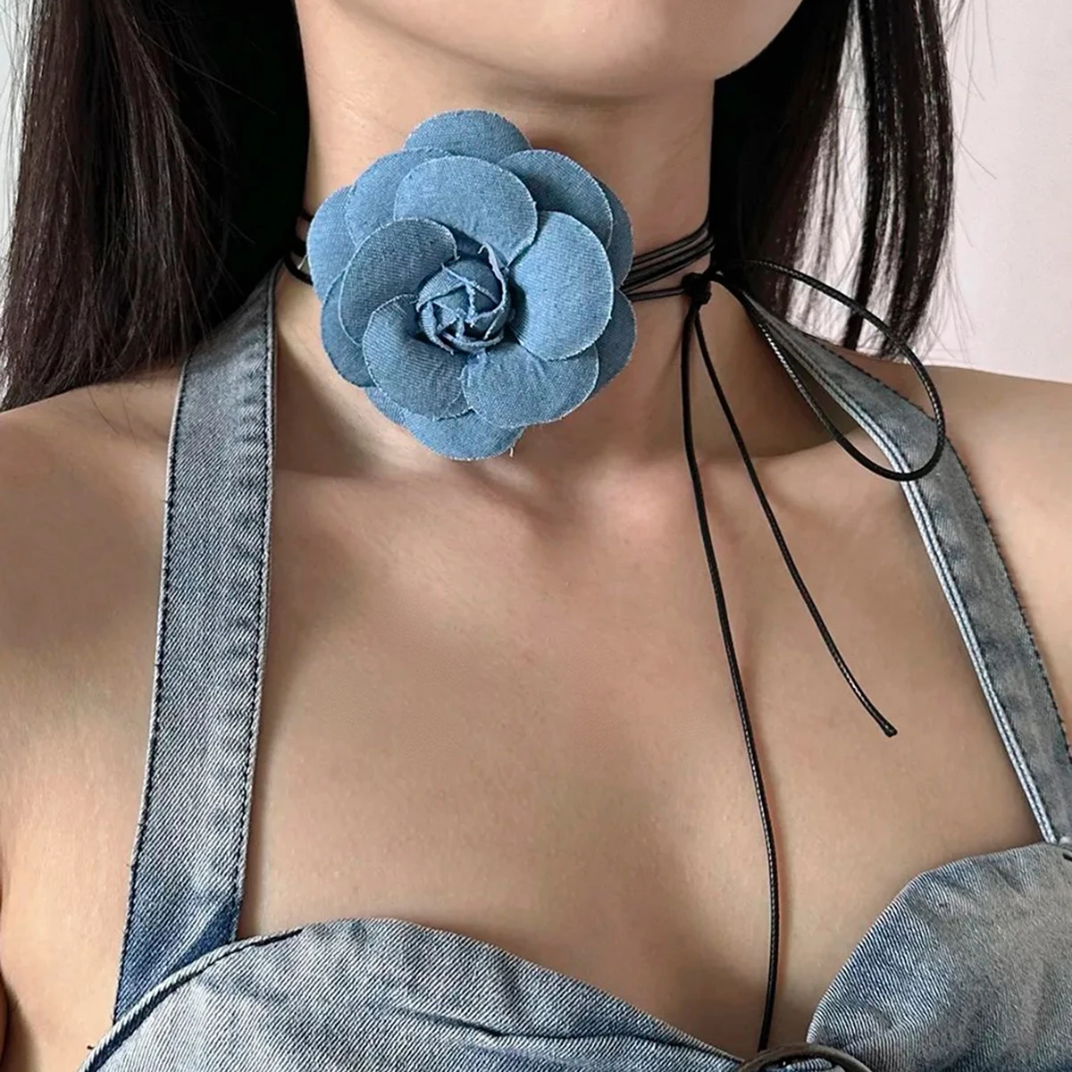 

SHIXIN Exaggerated Blue Denim Big Rose Flower Clavicle Chain Necklace Women Trendy Adjustable Bowknot Rope Choker Jewelry