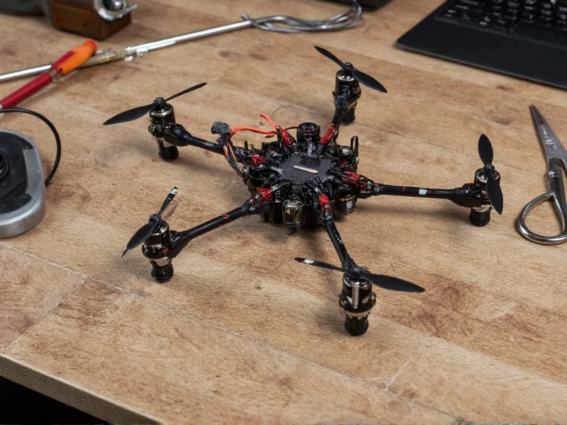 DIY drone components laid out on workbench with tools