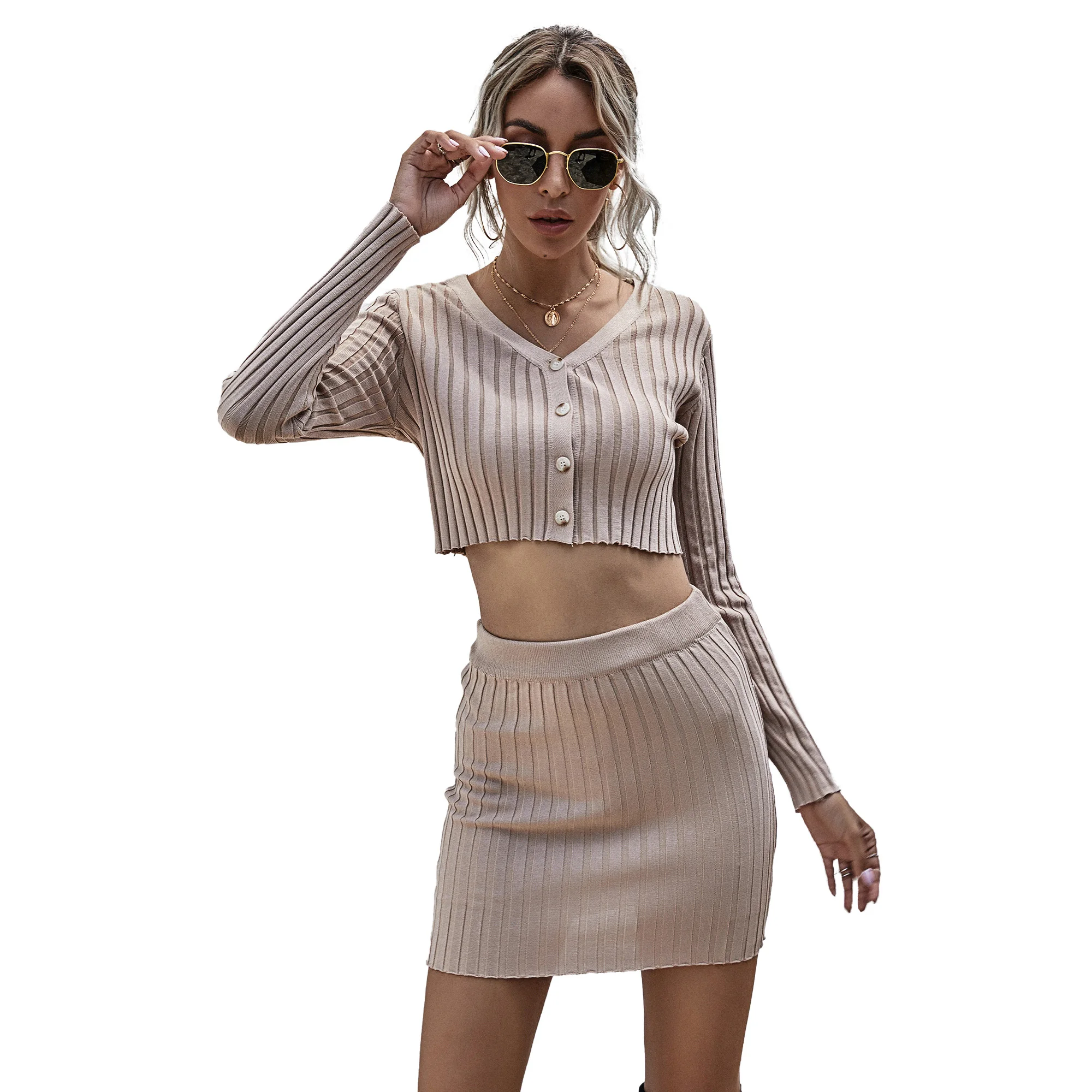 

2021 Autumn Crop Top Bottoming Sweater Casual Skirts Set Fashion Women Clothing Two-piece Skirts Set, Customized color