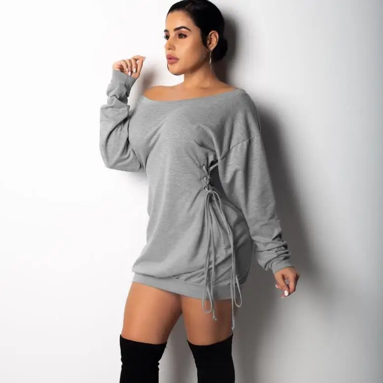 

Women Hoodie Sweatshirts Dresses Winter Fashion Oversize Ladies Pullovers Lace Up Off Shoulder Hooded Dress Y12324