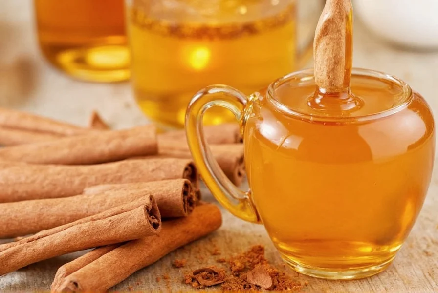 Close-up of raw honey dripping from spoon onto cinnamon sticks showing natural texture and color