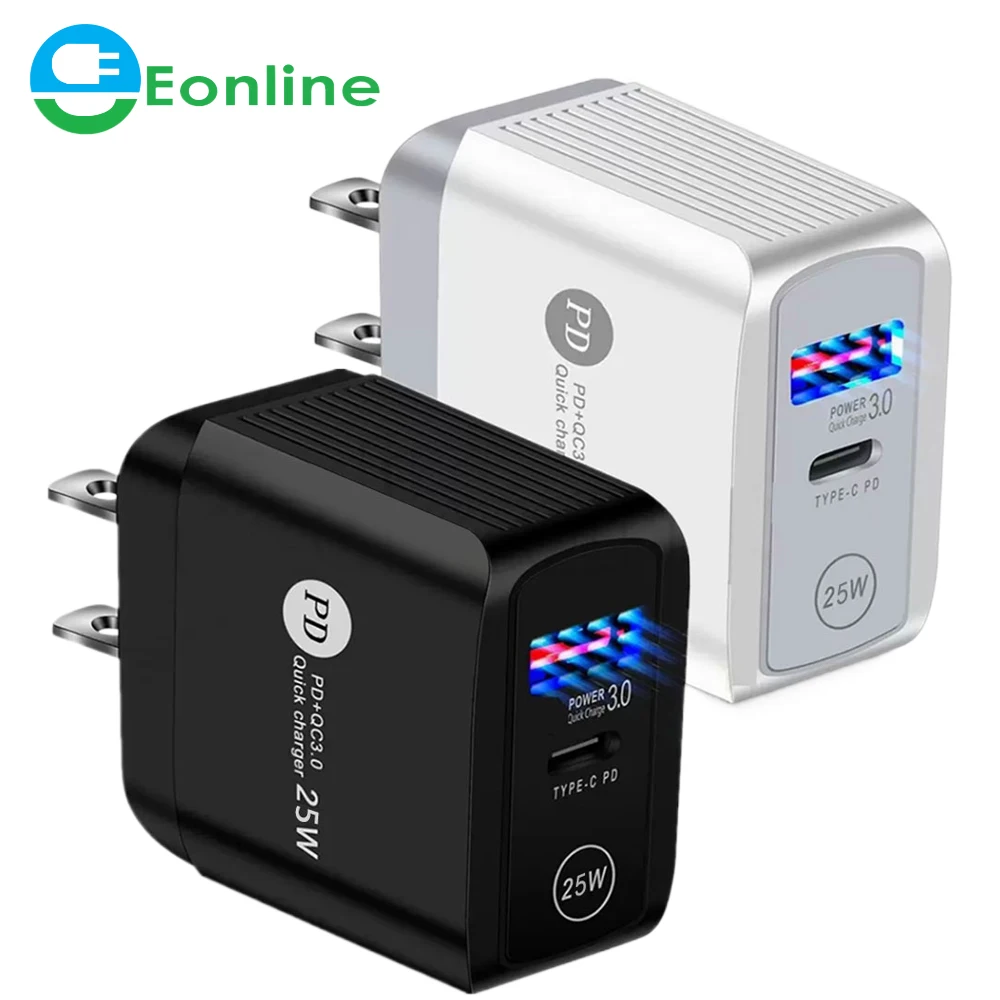 

Quick Charger PD 25W 2 Ports EU US UK Plug QC 3.0 Fast Charger Adapter For iPhone 13 Samsung Xiaomi Huawei Mobile Phone Charger