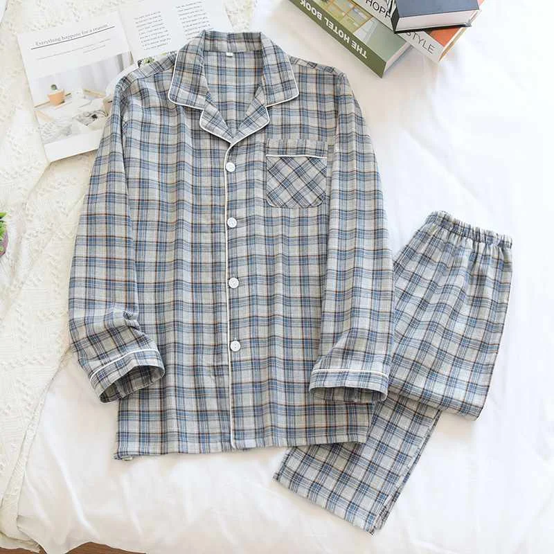 

2021 new season couples wear sleepwear 100% cotton flannel male large size simple plaid ladies home service spring and autumn, Required