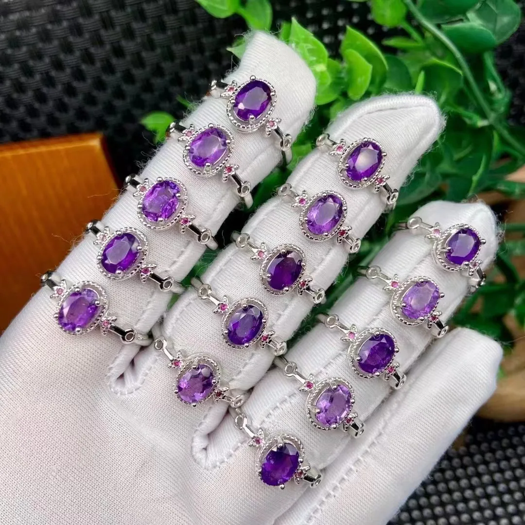 

white cooper with silver plated gemstones finger rings unique stones for valentine gifts Resizable amethyst Crystal rings