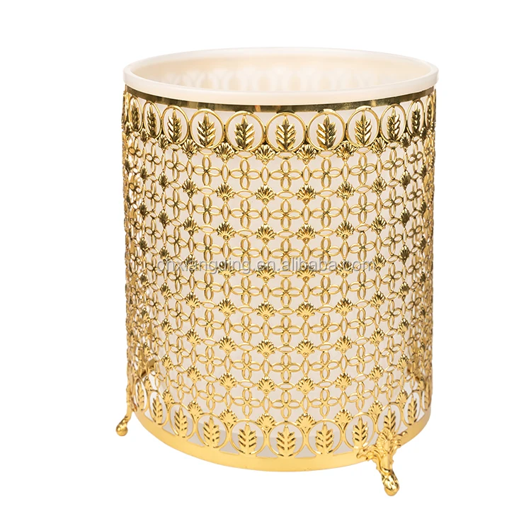 

Factory Hot Selling Metal Home Decor Trash Luxurious 24K Golden Carved waste bin for Hotel and Weddings, Gold