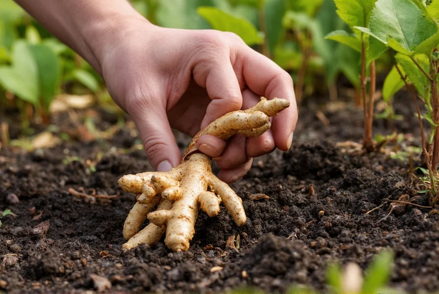 Hand harvesting ginger rhizomes from volcanic soil in a Hawaiian garden