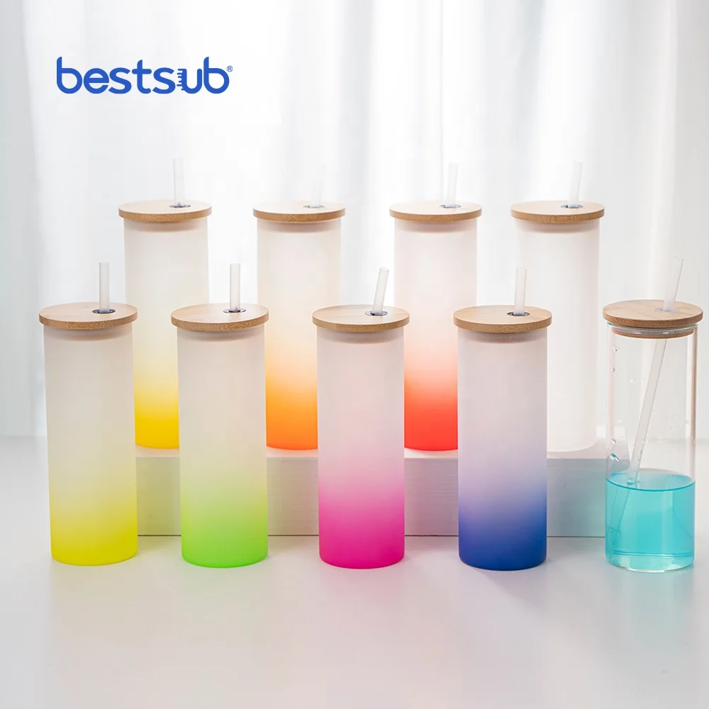 

Bestsub Wholesale Custom Sublimation Blanks Color Borosilicate Glass Tea Cup Frosted Gradient Drinking Water Glass Tumbler Mug, 8 colour