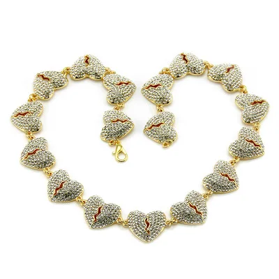 

Hip Hops Luxury Full Diamond Love Heart Charm Link Chain Necklace 20inch 18K Gold Plated Heart Link Chain Necklace