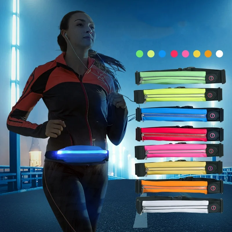 

LED Light Up Flashing Waterproof Running Belt USB Rechargeable Sport Waist Bag with Zipper, Red / blue / yellow / green / white / orange / pink