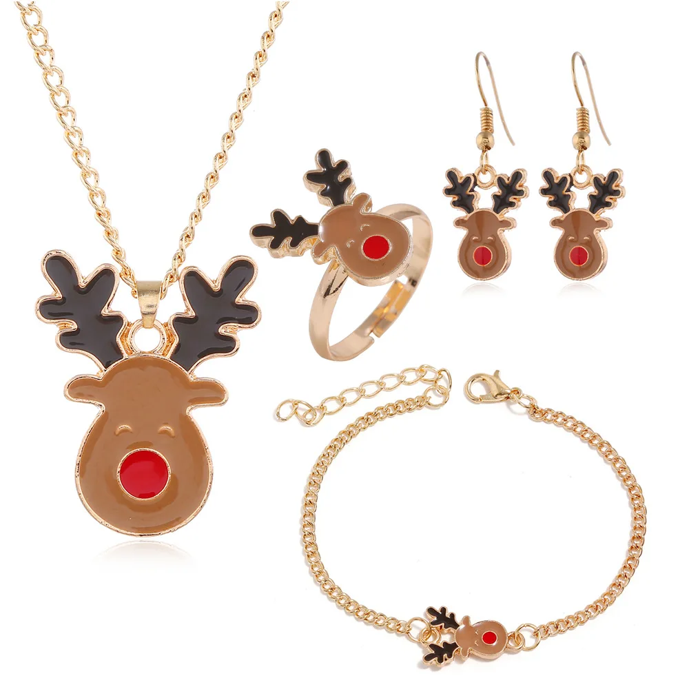 

Lovely Enamel Christmas Elk Dangle Earrings Necklace Ring Bracelets Jewelry Set Merry Christmas Deer Ornament Jewelry Sets Gifts