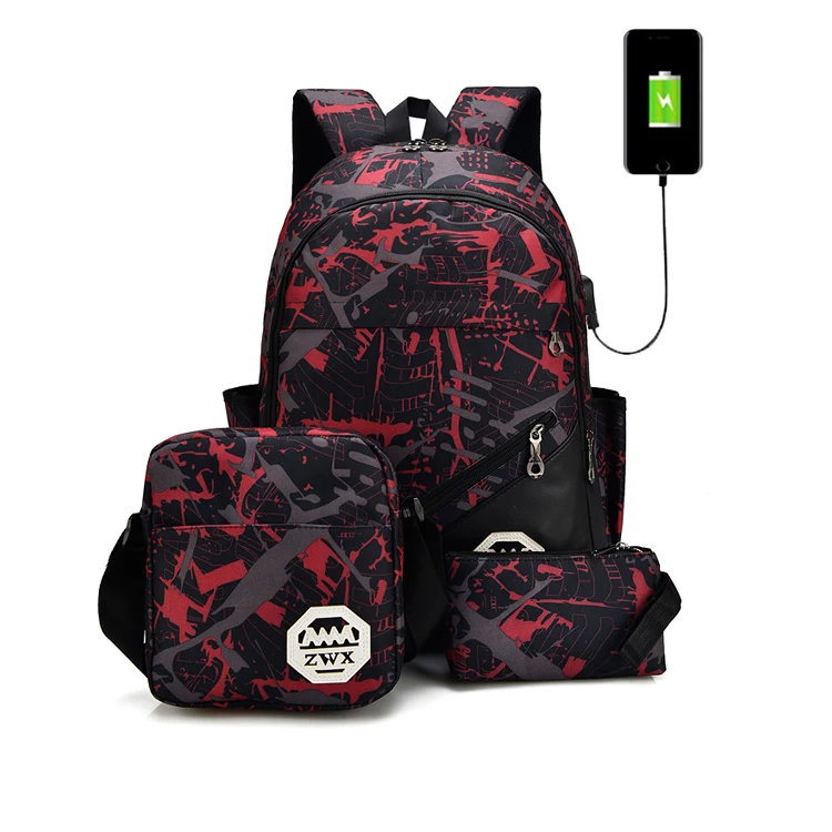 

Latest full printed fashion student ultra light camouflage 3 pieces school backpack bag set with usb charger, Camouflage or as customers' requirement